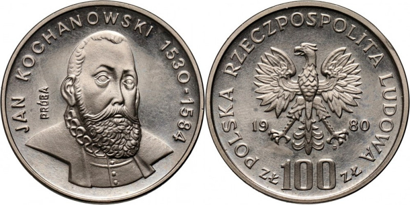 PRL, 100 złotych 1980, Jan Kochanowski, PRÓBA, nikiel Nakład: 500 szt. Reference...