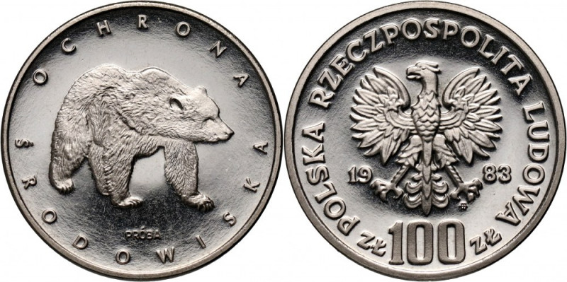 PRL, 100 złotych 1983, Niedźwiedź, PRÓBA, nikiel Nakład: 500 szt. Reference: Par...