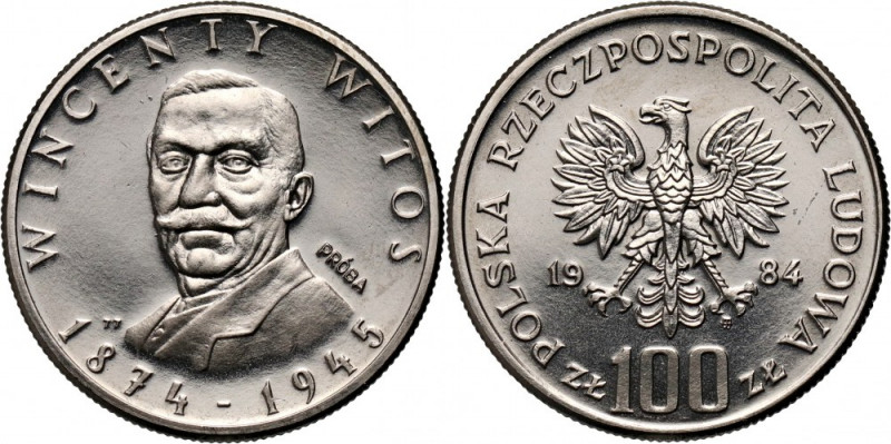 PRL, 100 złotych 1984, Wincenty Witos, PRÓBA, nikiel Nakład: 500 szt. Reference:...