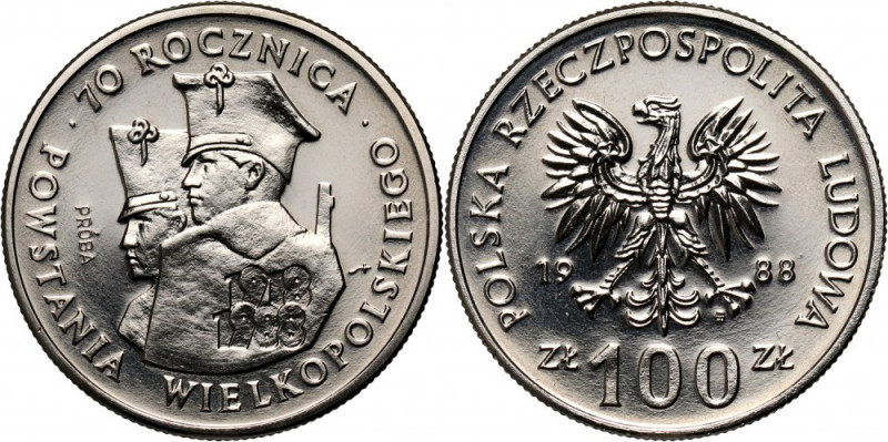 PRL, 100 złotych 1988, 70. rocznica Powstania Wielkopolskiego, PRÓBA, nikiel Nak...