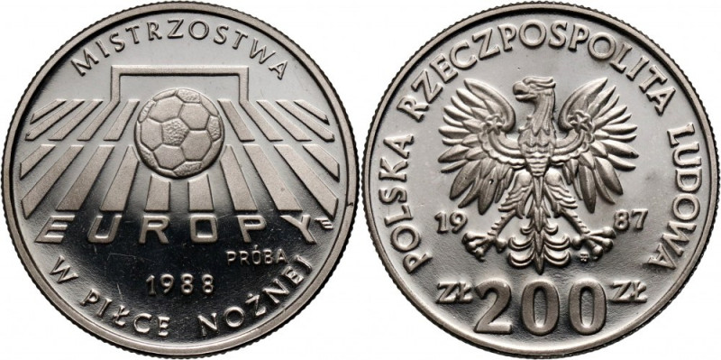 PRL, 200 złotych 1987, ME w piłce nożnej 1988, PRÓBA, nikiel Nakład: 500 szt. Re...