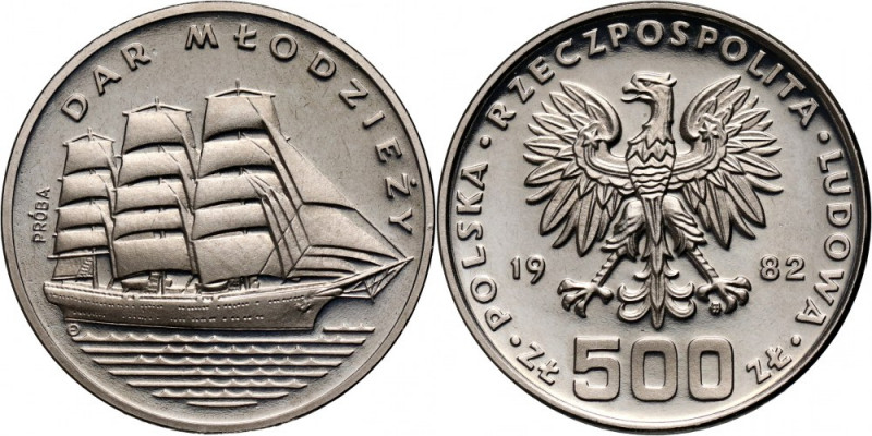 PRL, 500 złotych 1982, Dar Młodzieży, PRÓBA, nikiel Nakład: 500 szt. Reference: ...