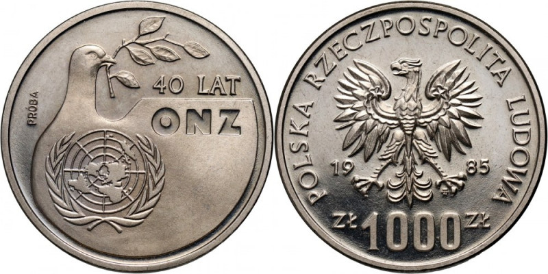 PRL, 1000 złotych 1985, 40 lat ONZ, PRÓBA, nikiel Nakład: 500 szt. Reference: Pa...