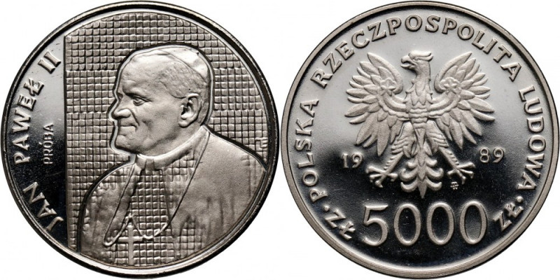 PRL, 5000 złotych 1989, Jan Paweł II, PRÓBA, nikiel Nakład: 500 szt. Reference: ...