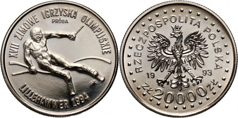 III RP, 20000 złotych 1993, XVII ZIO Lillehammer 1994, PRÓBA, nikiel Nakład: 500...