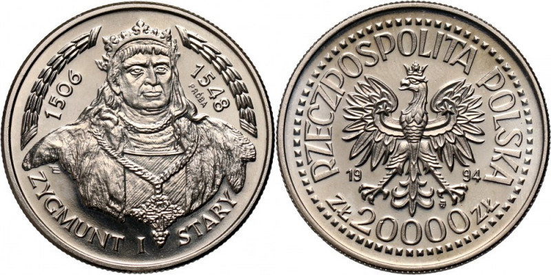 III RP, 20000 złotych 1994, Zygmunt I Stary, PRÓBA, nikiel Nakład: 500 szt. Refe...