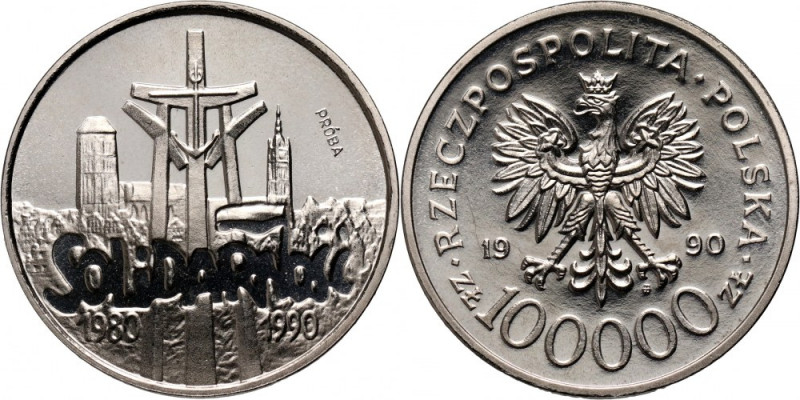 III RP, 100000 złotych 1990, Solidarność 1980-1990, PRÓBA, nikiel Nakład: 500 sz...