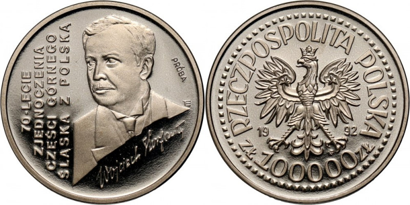 III RP, 100000 złotych 1992, Wojciech Korfanty, PRÓBA, nikiel Nakład: 500 szt. R...