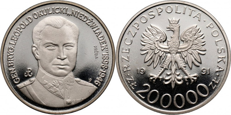 III RP, 200000 złotych 1991, Gen. Leopold Okulicki - Niedźwiadek, PRÓBA, nikiel ...