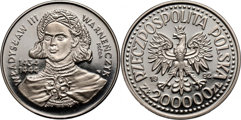 III RP, 200000 złotych 1992, Władysław III Warneńczyk, PRÓBA, nikiel Nakład: 500...