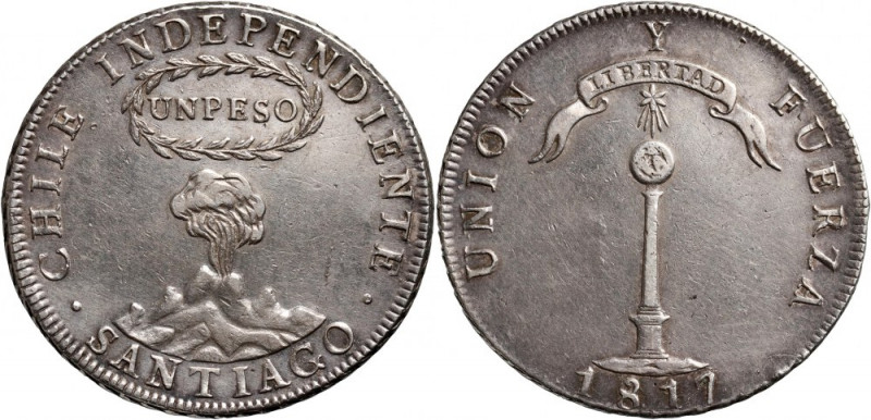 Chile, Peso 1817, Santiago Silver 26,90 g. Very rare &nbsp;one year type without...