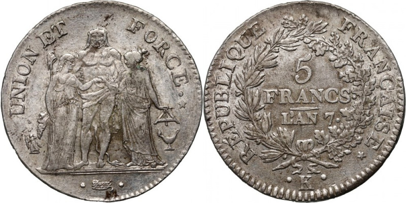 France, 5 Francs L'an 7 K (1798-99), Bordeaux Połyskowe. Reference: Gadoury 563...