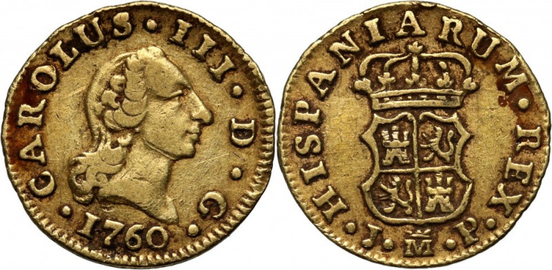 Spain, Charles III, 1/2 Escudo 1760 M-JP, Madrid Gold 1,75 g.
 Złoto 1,75 g.
R...