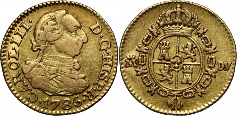 Spain, Charles III, 1/2 Escudo 1786 M-DV, Madrid Gold 1,72 g.
 Złoto 1,72 g.
R...