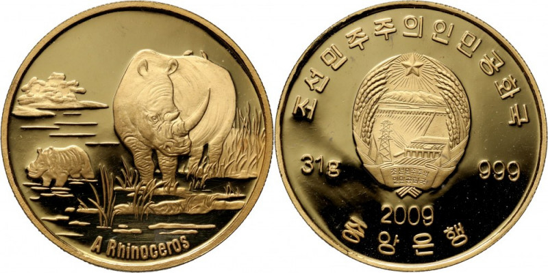 North Korea, 2009, Rhinoceros Gold 31,00 g. Złoto 31,00 g. 
Grade: Proof 

Mo...
