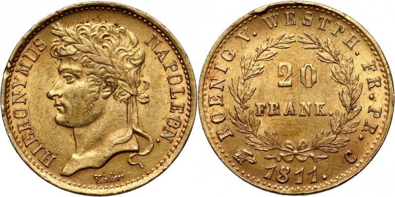 Germany, Westphalia, Jerome Napoleon, 20 Francs 1811 C Gold 6,43 g. Very nice co...