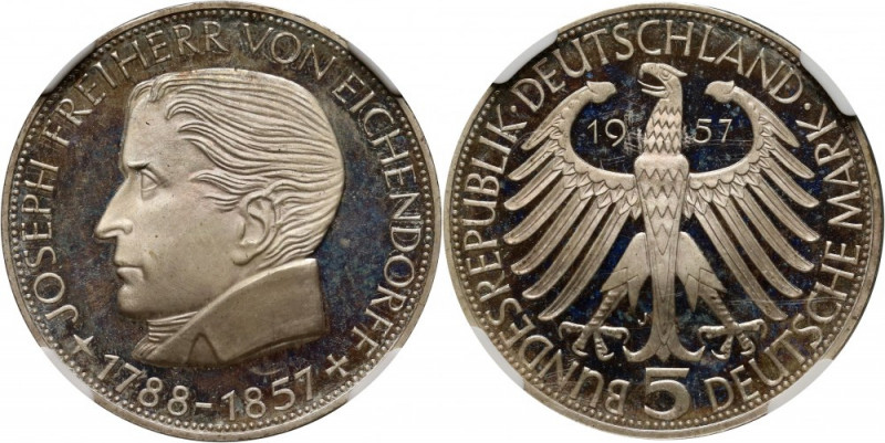 Germany, 5 Mark 1957 J, Joseph von Eichendorff, PROOF Reference: KM #117
Grade:...