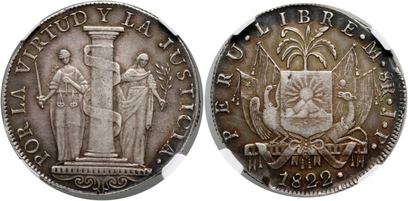 Peru, 8 Reales 1822 JP, Lima Scarce. Rzadkie i ładnie zachowane. Reference: KM #...