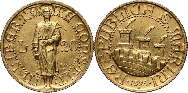 San Marino, 20 Lire 1925 R, Rome Gold 6,44 g. Mintage: 9334 pieces. Small dents ...