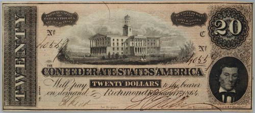 Confederate States of America, 20 Dollars 17.02.1864, series C Number 40559.
 N...