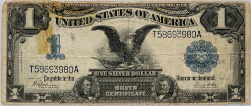 USA, 1 Dollar 1899, Silver Certificate Number T58693980A. Teared.
 Numer T58693...