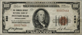 USA, The Farmers Deposit National Bank of Pittsburgh, 100 Dollars 1929, series B