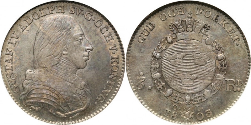 Sweden, Gustav IV Adolf, 1/6 Riksdaler 1803 OL, Stockholm Stary slab NGC. Refere...