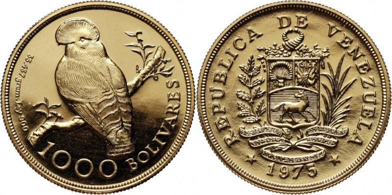 Venezuela, 1000 Bolivars 1975, Cock of the rocks Gold 33,68 g. Mintage: 5047 pcs...