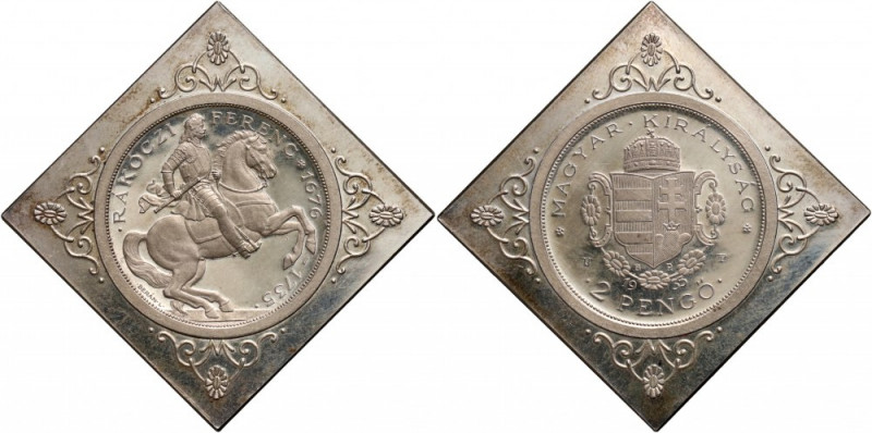Hungary, klippe, 2 Pengo 1935, Francis II Rákóczi, Restrike Reference: KM X#Pn11...