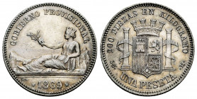 Provisional Government (1868-1871). 1 peseta. 1869. Madrid. SNM. (Cal-16). Ag. 5,06 g. Minor mark on obverse. Scarce in this grade. Legend GOBIERNO PR...