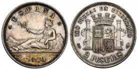 Provisional Government (1868-1871). 2 pesetas. 1869*18-69. Madrid. SNM. (Cal-20). Ag. 10,01 g. A superb specimen. Lovely toned. Almost MS. Est...750,0...