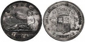 Provisional Government (1868-1871). 5 pesetas. 1870 *18-70. Madrid. SNM. (Cal-39). Ag. 25,08 g. Irregular patina. Slightly cleaned. Almost XF. Est...3...