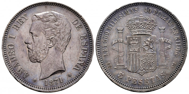 Amadeo I (1871-1873). 5 pesetas. 1871 *18-71. Madrid. SDM. (Cal-1). Ag. 24,97 g....
