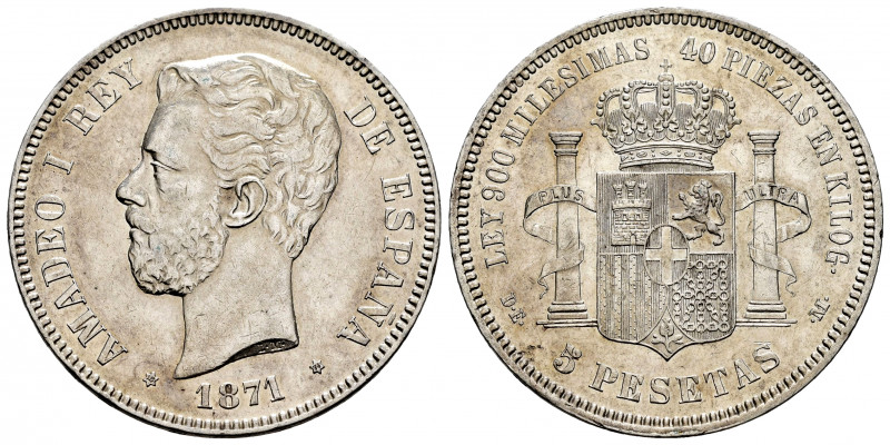 Amadeo I (1871-1873). 5 pesetas. 1871*18-74. Madrid. DEM. (Cal-5). Ag. 24,93 g. ...