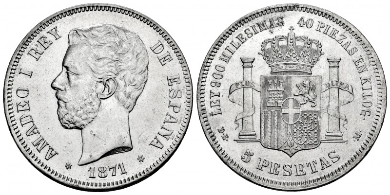 Amadeo I (1871-1873). 5 pesetas. 1871*18-75. Madrid. DEM. (Cal-7). Ag. 24,89 g. ...