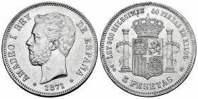 Amadeo I (1871-1873). 5 pesetas. 1871*18-75. Madrid. DEM. (Cal-7). Ag. 24,89 g. Minor marks. Slightly cleaned. Almost XF. Est...160,00. 

Spanish De...