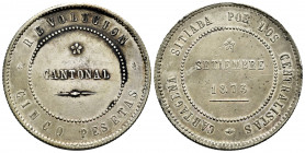 Cantonal Revolution. 5 pesetas. 1873. Cartagena (Murcia). (Cal-7). Ag. 28,90 g. Coincident. 80 pearls on obverse and 85 on reverse. Stain on obverse. ...