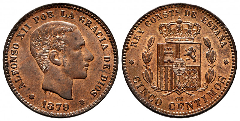 Alfonso XII (1874-1885). 5 centimos. 1879. Barcelona. OM. (Cal-6). Ae. 4,88 g. G...