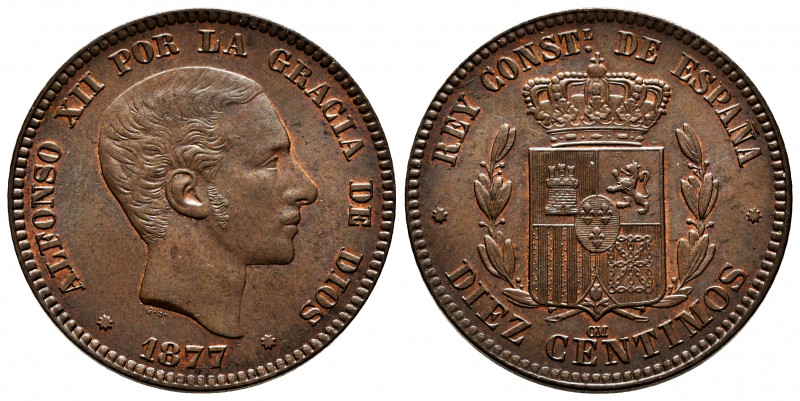 Alfonso XII (1874-1885). 10 centimos. 1877. Barcelona. OM. (Cal-8). Ae. 9,82 g. ...
