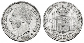 Alfonso XII (1874-1885). 50 centimos. 1880*8-0. Madrid. MSM. (Cal-11). Ag. 2,55 g. Hairlines on obverse. Beautiful. AU. Est...120,00. 

Spanish Desc...