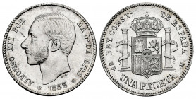 Alfonso XII (1874-1885). 1 peseta. 1883 *18-83. Madrid. MSM. (Cal-21). Ag. 5,00 g. Minimal hairlines on obverse. A good sample. Original luster. AU/Al...