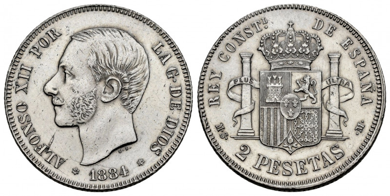 Alfonso XII (1874-1885). 2 pesetas. 1884*18-84. Madrid. MSM. (Cal-34). Ag. 9,98 ...