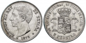 Alfonso XII (1874-1885). 5 pesetas. 1875 *18-75. Madrid. DEM. (Cal-35). Ag. 25,05 g. Hairlines. Almost XF. Est...100,00. 

Spanish Description: Alfo...