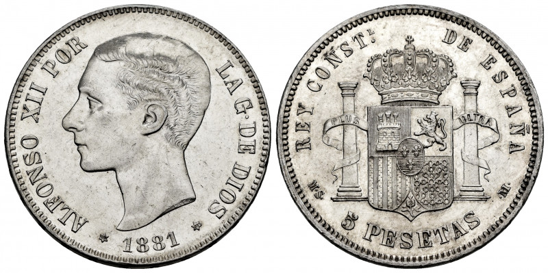 Alfonso XII (1874-1885). 5 pesetas. 1881 *18-81. Madrid. MSM. (Cal-44). Ag. 24,9...