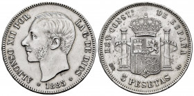 Alfonso XII (1874-1885). 5 pesetas. 1885 *18-85. Madrid. MSM. (Cal-60). Ag. 25,02 g. Cleaned. AU. Est...200,00. 

Spanish Description: Alfonso XII (...