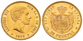 Alfonso XII (1874-1885). 25 pesetas. 1876*18-76. Madrid. DEM. (Cal-67). Au. 8,07 g. Minimal marks. AU. Est...350,00. 

Spanish Description: Alfonso ...