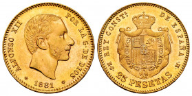 Alfonso XII (1874-1885). 25 pesetas. 1881*18-81. Madrid. MSM. (Cal-82). Au. 8,07 g. Original luster. Ex Vico, March 2001. Mint state. Est...350,00. 
...