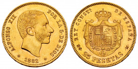 Alfonso XII (1874-1885). 25 pesetas. 1882*18-82. Madrid. MSM. (Cal-85). Au. 8,05 g. Rare. Ex Vico, Marzo 2001. Almost MS. Est...600,00. 

Spanish De...