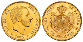 Alfonso XII (1874-1885). 25 pesetas. 1883*18-83. Madrid. MSM. (Cal-87). Au. 8,07 g. Very scarce. Ex Vico, May 2001. AU. Est...750,00. 

Spanish Desc...