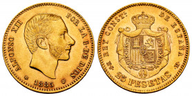 Alfonso XII (1874-1885). 25 pesetas. 1885*18-85. Madrid. MSM. (Cal-90). Au. 8,07 g. Rare. A good sample. Ex Áureo, lot 826, 30/06/1992. XF/AU. Est...1...